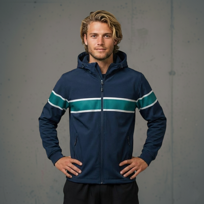 Navy blue zip-up hoodie with teal stripes and hood, likely made of fleece or polyester blend.