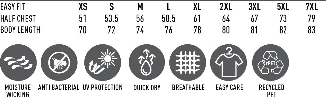 Easy fit t-shirt with moisture wicking, anti-bacterial uv protection, quick dry and breathable features in recycled pet material.