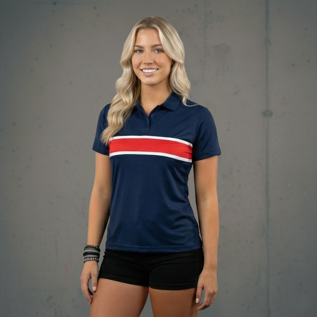 Navy blue polo shirt with red and white stripes, short sleeves, collared neckline, lightweight fabric, casual wear.