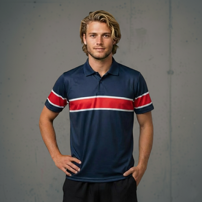 Navy blue polo shirt with red and white stripes, short sleeves, collar, made of polyester material.