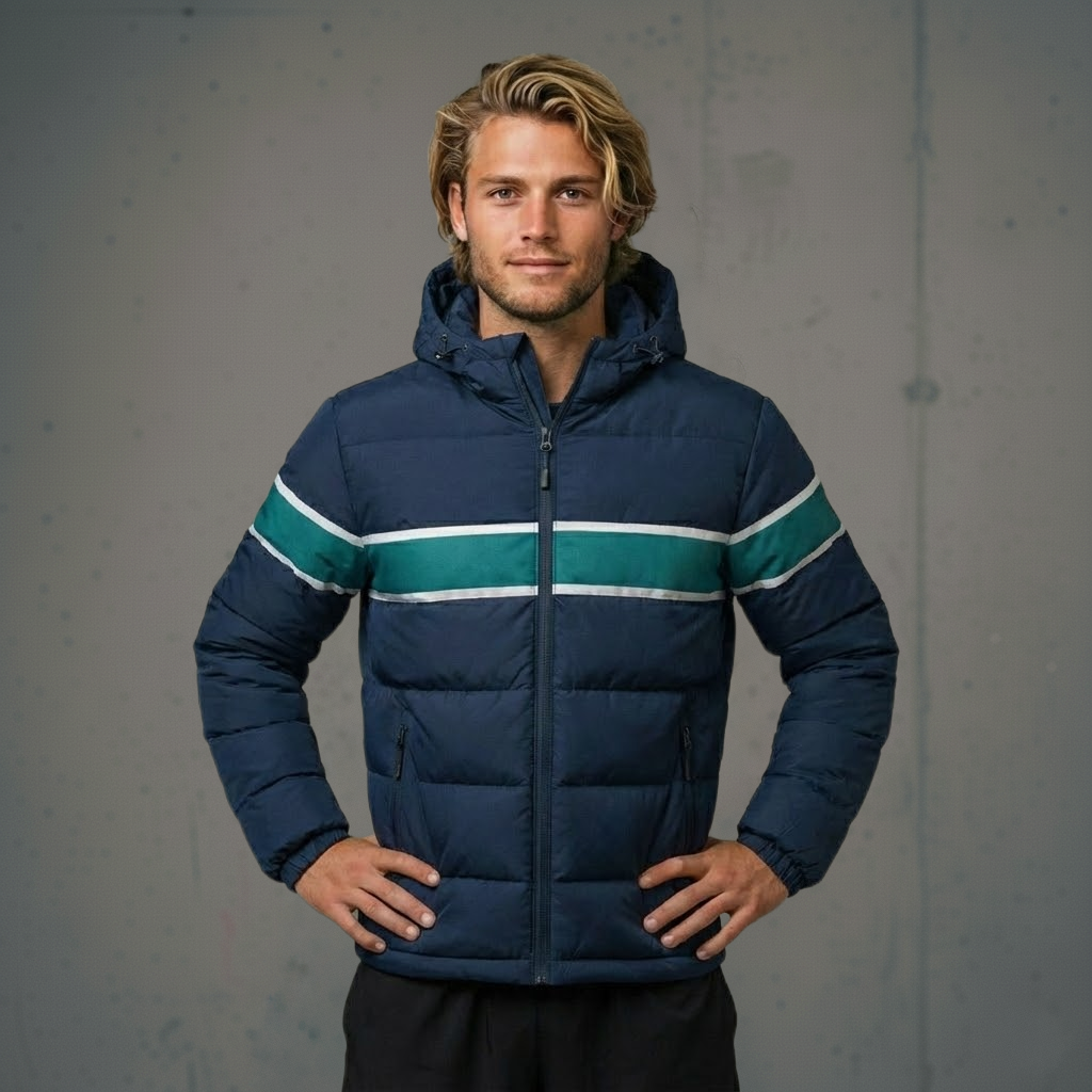 Navy blue puffer jacket with teal and white stripes, hooded design.