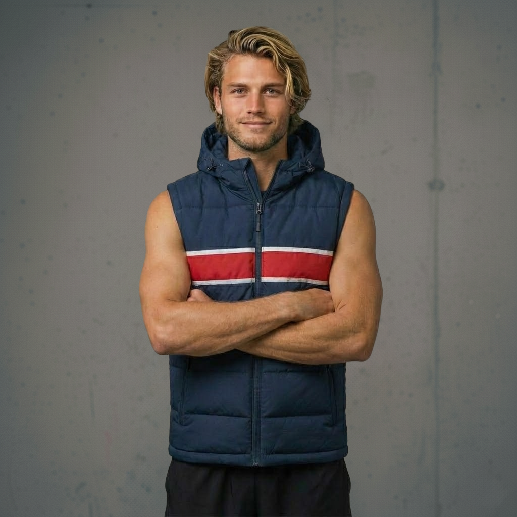 Navy blue puffer vest with red and white stripes, hooded design.
