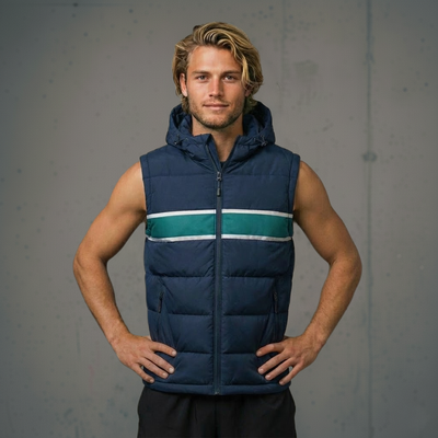 Navy blue puffer vest with green and white stripes, hooded design.