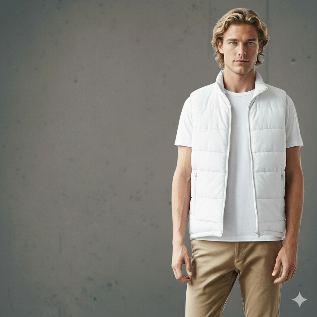 White down vest with quilted design and zipper closure.
