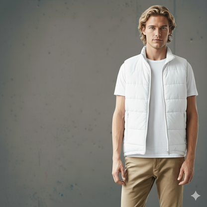 White down vest with quilted design and zipper closure.