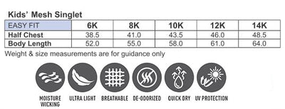 A product information sheet for a kids’ mesh singlet, detailing size measurements and key features.