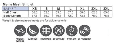 A men’s mesh singlet size chart with features.