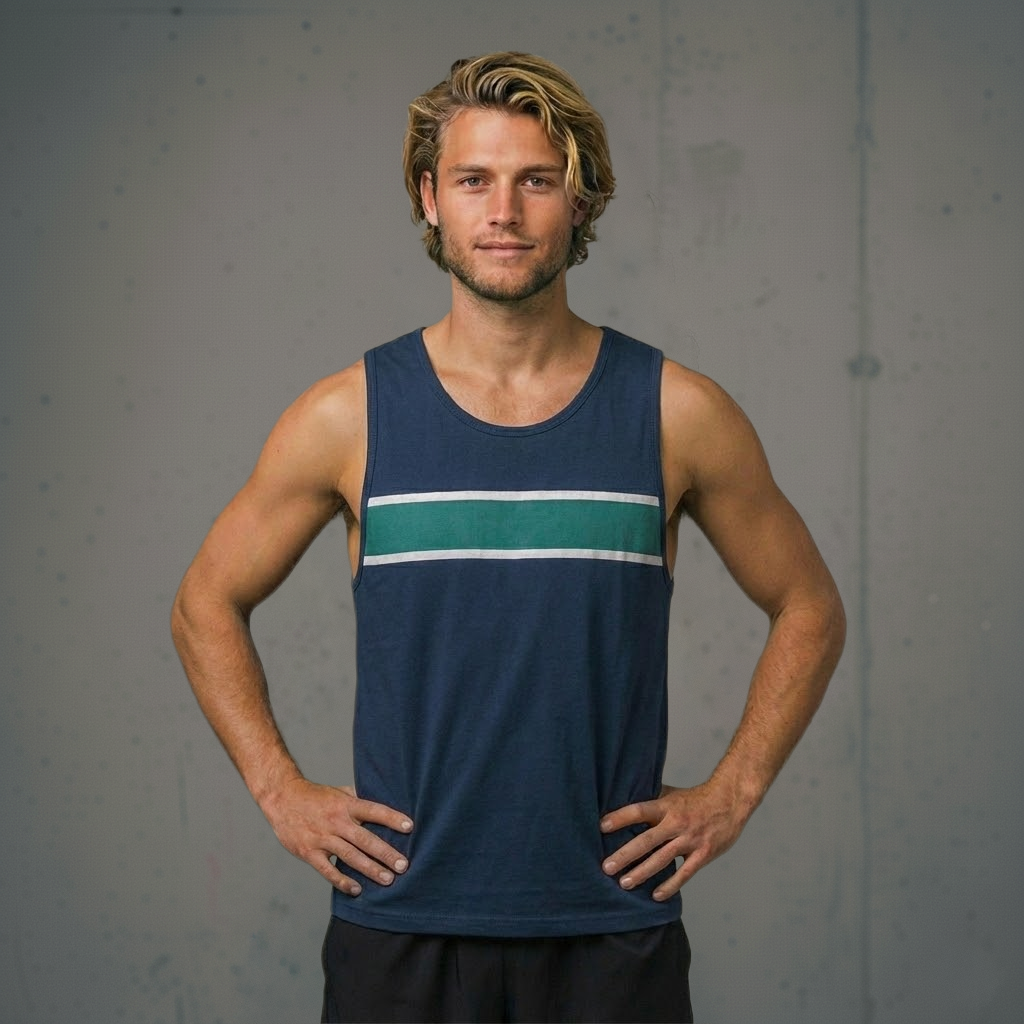 Navy blue tank top with green and white stripes, athletic material.
