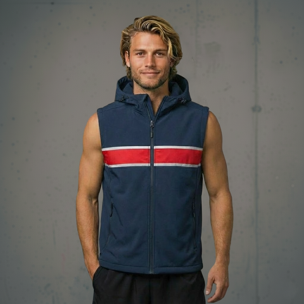 Navy blue sleeveless vest with red and white stripes, hooded design.