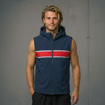 Navy blue sleeveless vest with red and white stripes, hooded design.