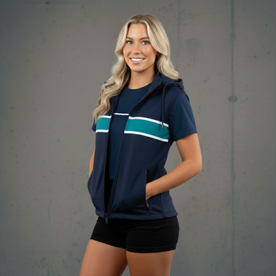 Navy blue athletic jacket with teal and white stripes, hooded design.