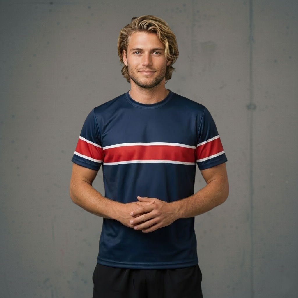 Navy blue athletic shirt with red and white stripes, short sleeves, polyester material.