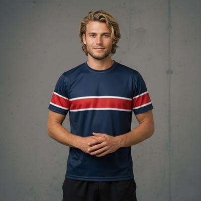 Navy blue athletic shirt with red and white stripes, short sleeves, polyester material.