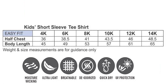 4k kids’ short sleeve tee shirt with moisture wicking, ultra light breathable fabric and uv protection.