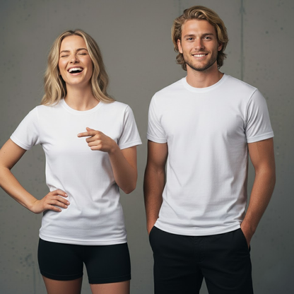 White crew neck t-shirt with black shorts and pants.