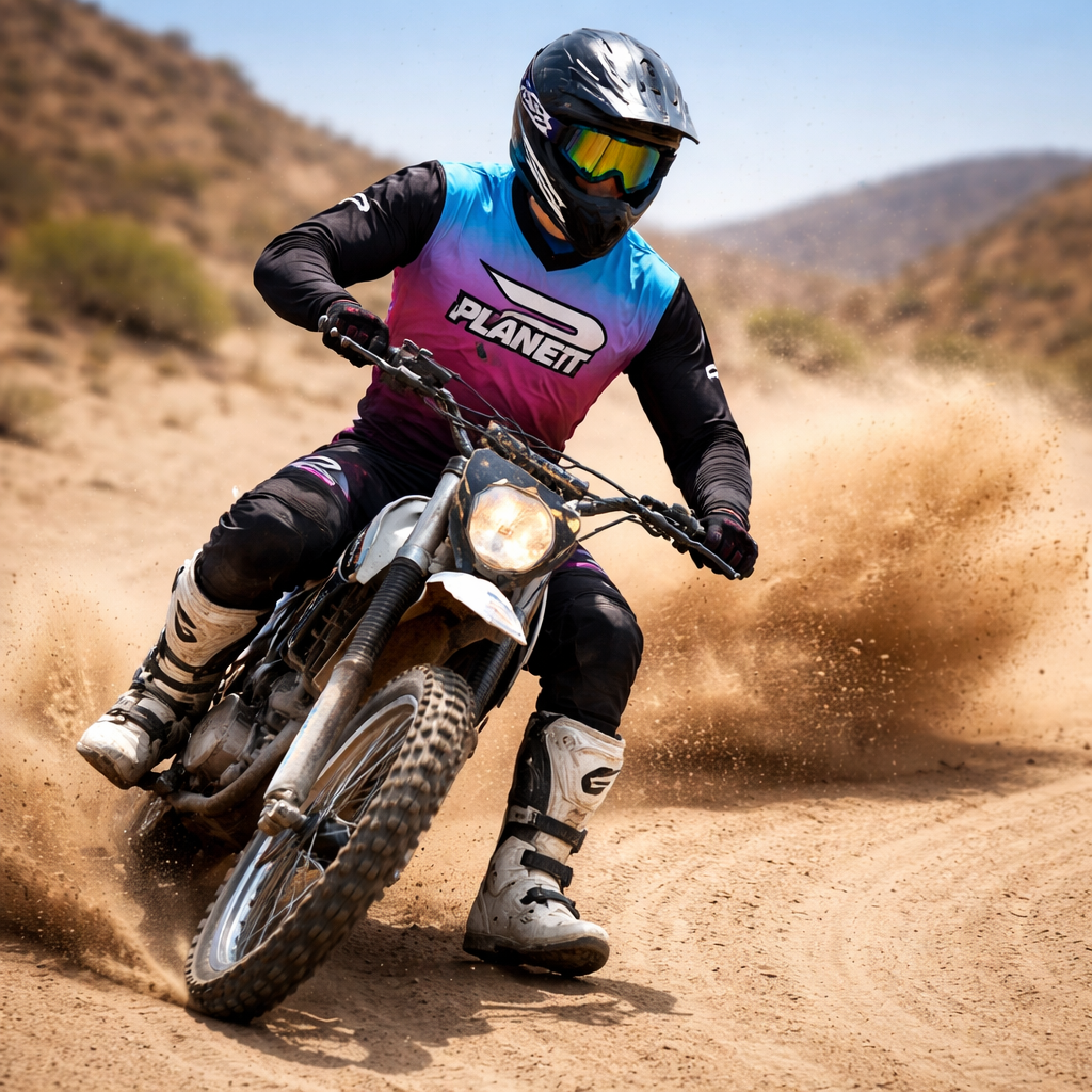 Black and silver dirt bike with a bright headlight, rugged knobby tires kicking up dust on a desert trail.