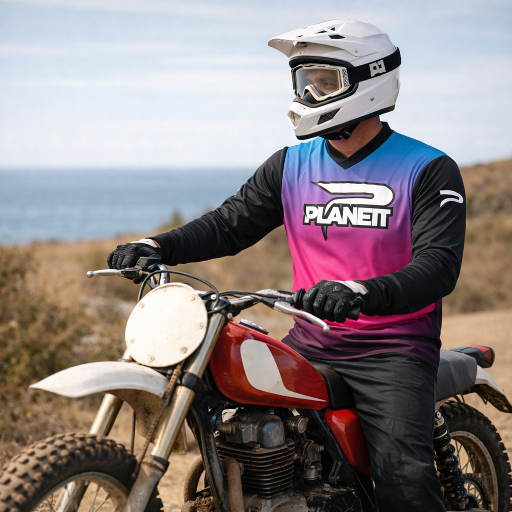 Red and white vintage-style dirt bike with a round headlight.