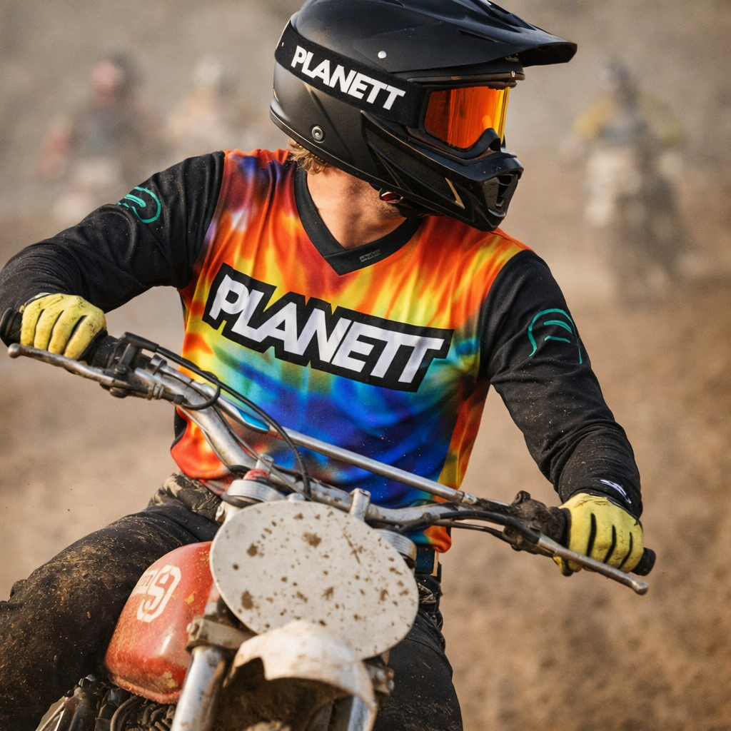 Black planett motocross helmet with orange-tinted visor.