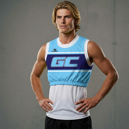 Blue and white gc sports jersey with black shorts.