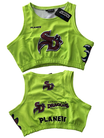 Lime green athletic crop top with ’SD’ dragon logo.