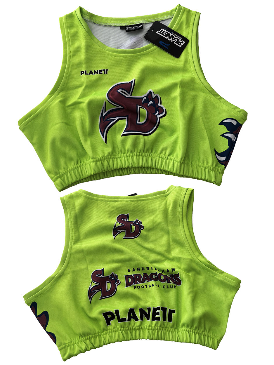 Lime green athletic crop top with ’SD’ dragon logo.