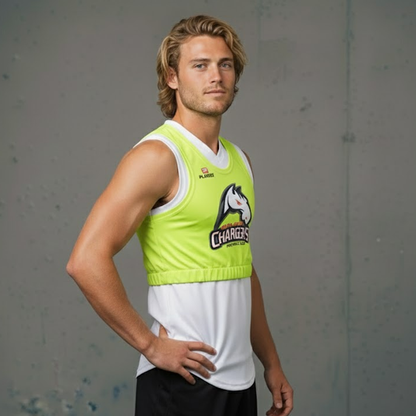 Neon green and white sleeveless jersey with horse logo, ’chargers’ text.