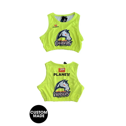 Neon yellow crop top with horse logo.