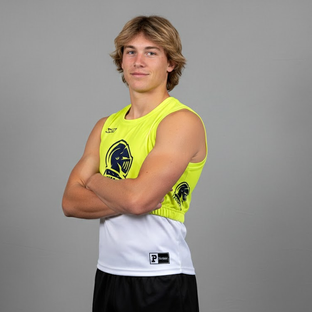 Neon yellow and white athletic tank top with black shorts, featuring a logo on the chest.