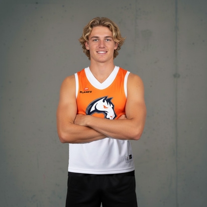 Orange and white basketball jersey with a horse logo, planet brand.