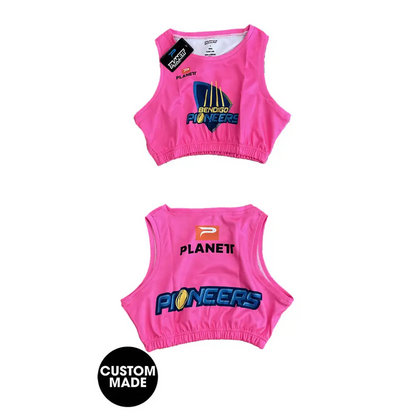 Pink athletic crop top.