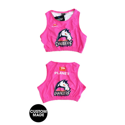 Pink crop top with horse logo.