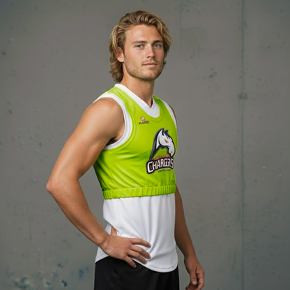 Lime green and white chargers jersey with horse logo.