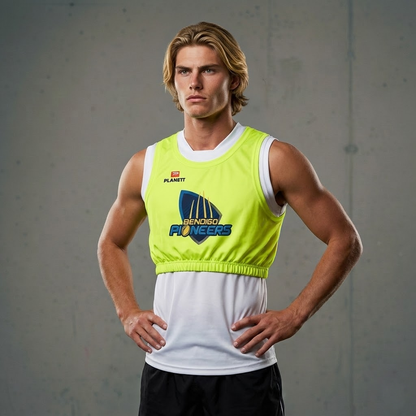 Neon yellow and white athletic jersey with ’pioneers’ logo, flameit brand.