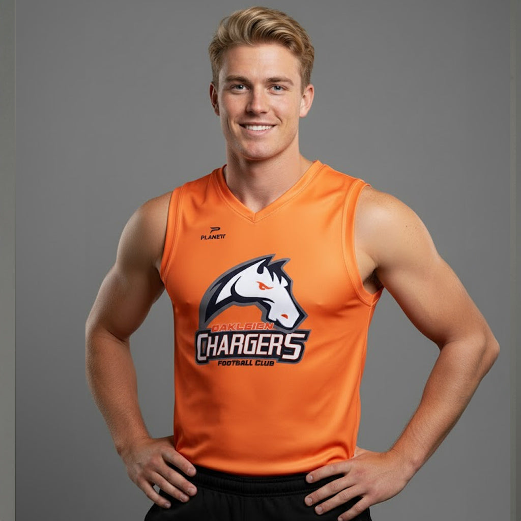 Orange sleeveless jersey with ’chargers’ logo and horse graphic, planet brand.