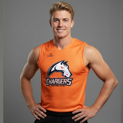 Orange sleeveless jersey with ’chargers’ logo and horse graphic, planet brand.