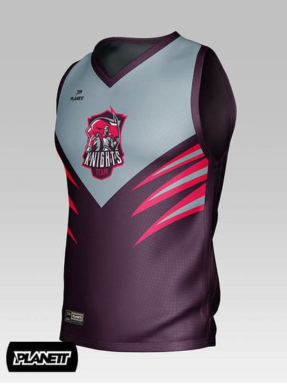 Sleeveless athletic jersey with a gray V-neck top, a dark purple body, and pink and gray striped accents.