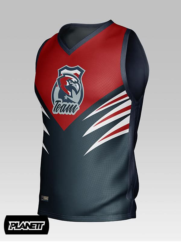 A sleeveless sports jersey with a red V-neck top, a grey bottom, and a white and red striped pattern on the sides.