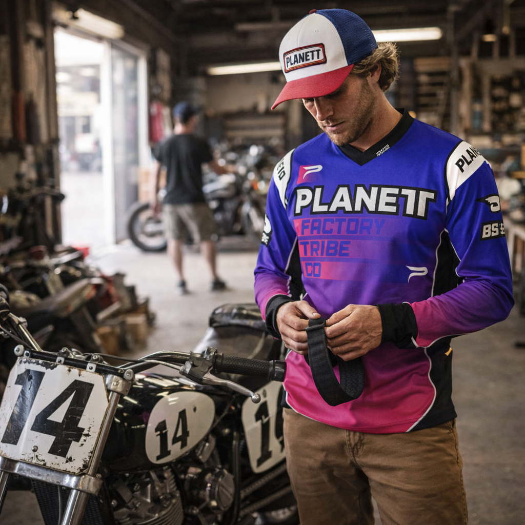 A vibrant blue, purple, and pink long-sleeved motocross jersey with black accents and ’planett’ branding.