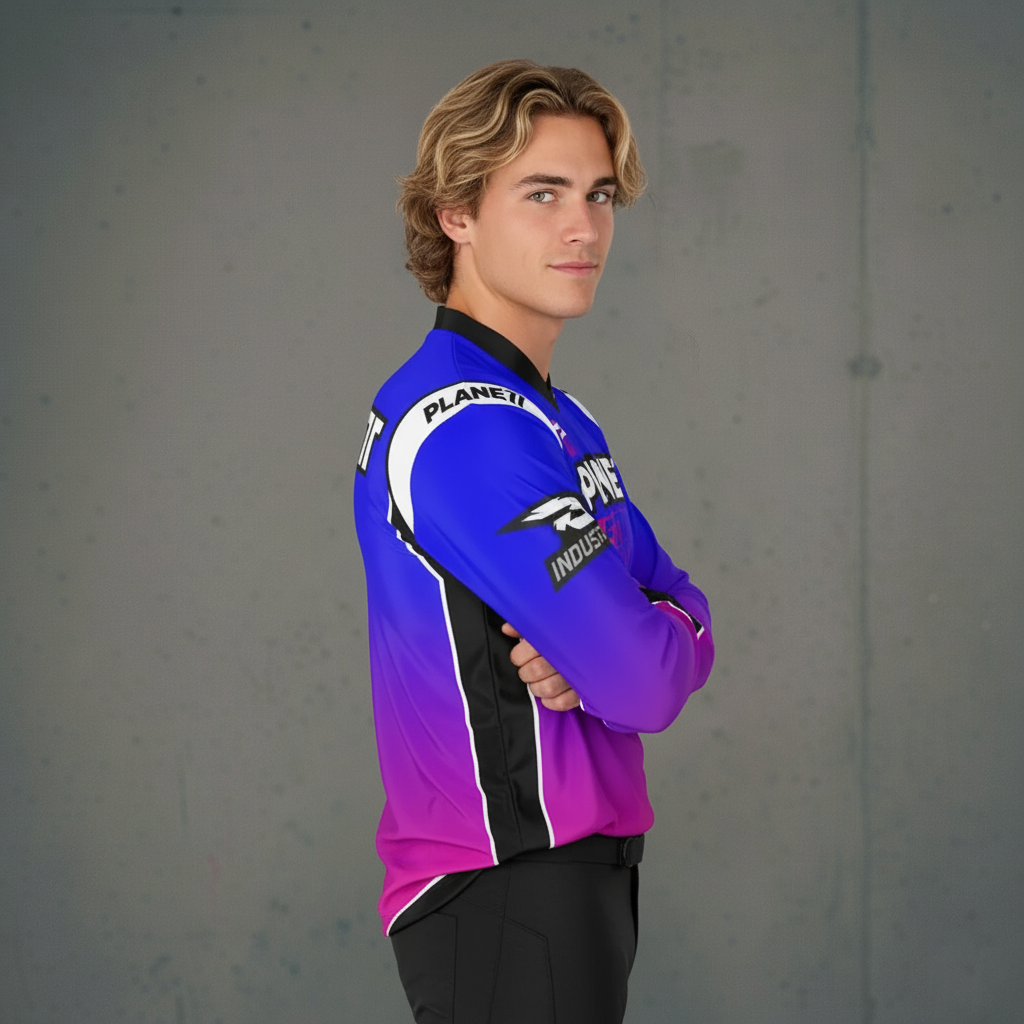 Young man with tousled blonde hair wearing a blue and purple gradient jacket.