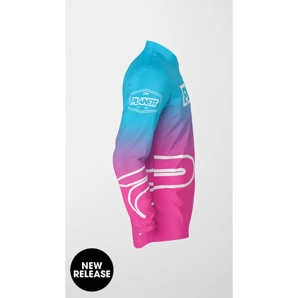 Gradient blue and pink long-sleeved shirt.