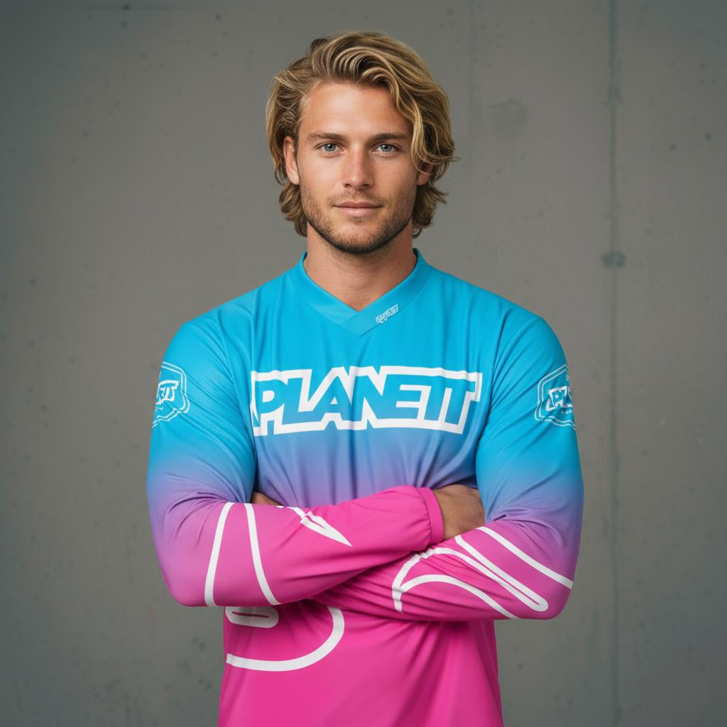 Man in a blue and pink gradient long-sleeved athletic shirt