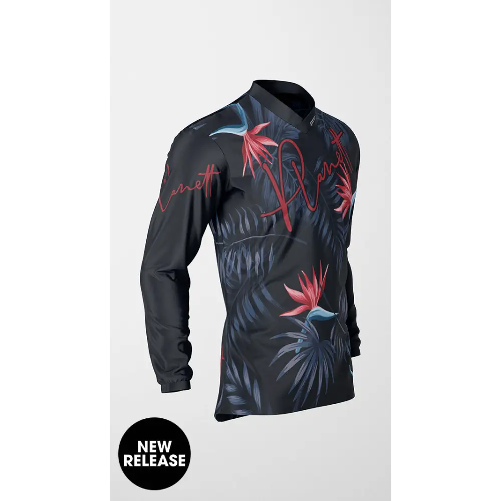 Black long-sleeved shirt with floral pattern.