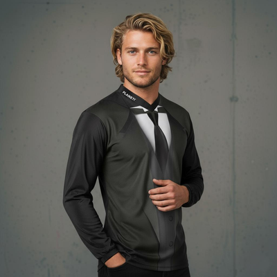 Men’s long-sleeve black and white tuxedo-print shirt.