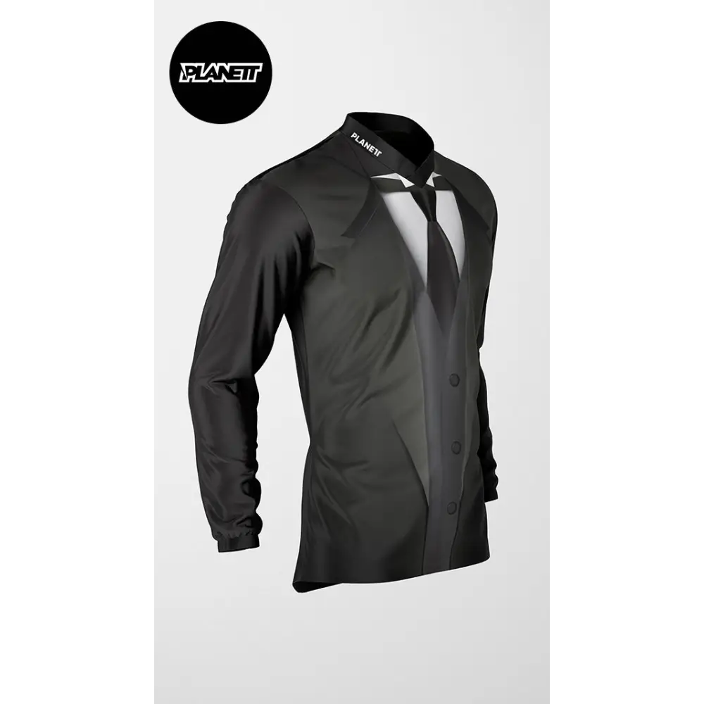 Black long-sleeved shirt with tuxedo print.