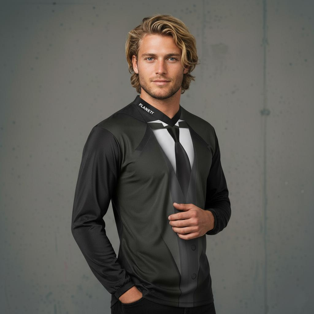 Men’s long-sleeve black and white tuxedo-print shirt.