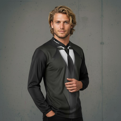Men’s long-sleeve black and white tuxedo-print shirt.