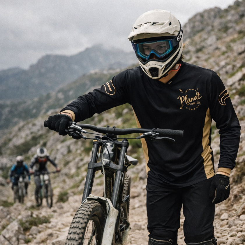 White full-face mountain bike helmet with blue-tinted goggles and black-and-gold branded long-sleeve jersey