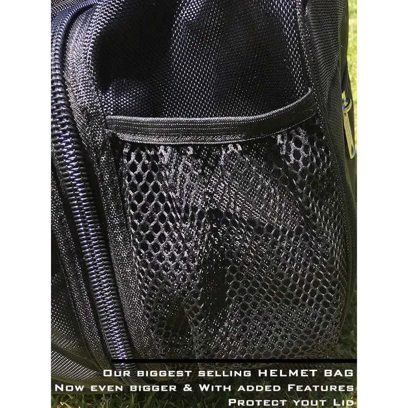 Black helmet bag with mesh pocket.