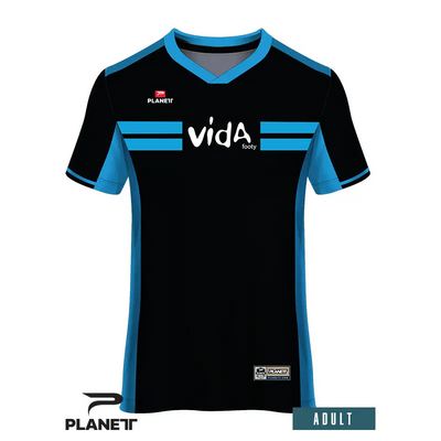 Black and blue soccer jersey.