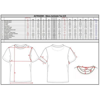 Men’s Activtek Tee size chart.
